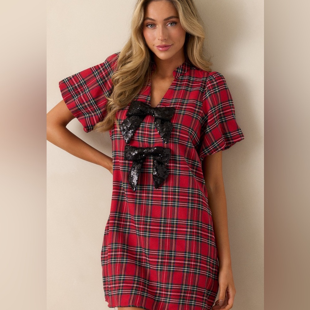 Red Dress Boutique Red Plaid Mini Dress with Black Sequin Bows